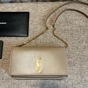 Saint Laurent Taupe Crossbody Bag with Gold Chain